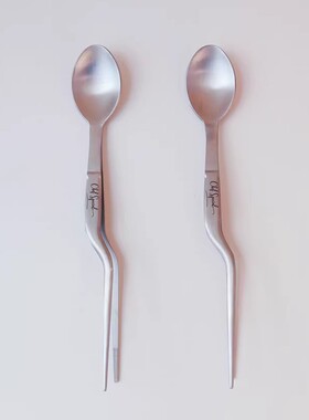 2不锈钢弯柄镊子二合一镊子勺弯头西餐法餐厨师摆盘工具两头夹子