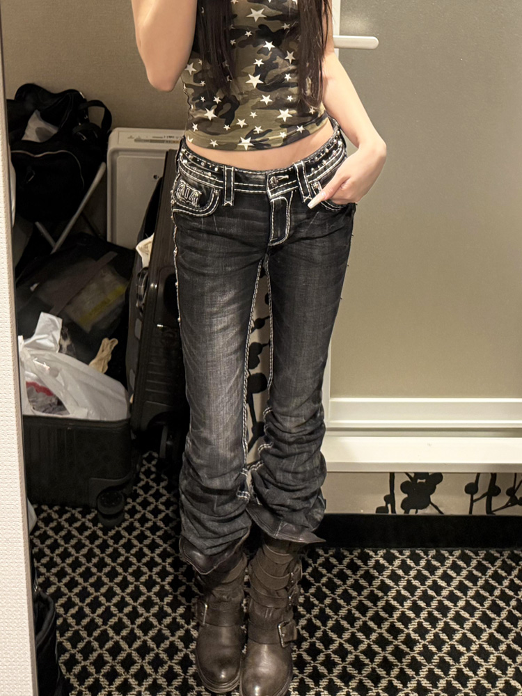 thumbnail for American vintage heavy industry embroidery washed low-rise jeans women's autumn y2k millennial hottie slim bootcut trousers