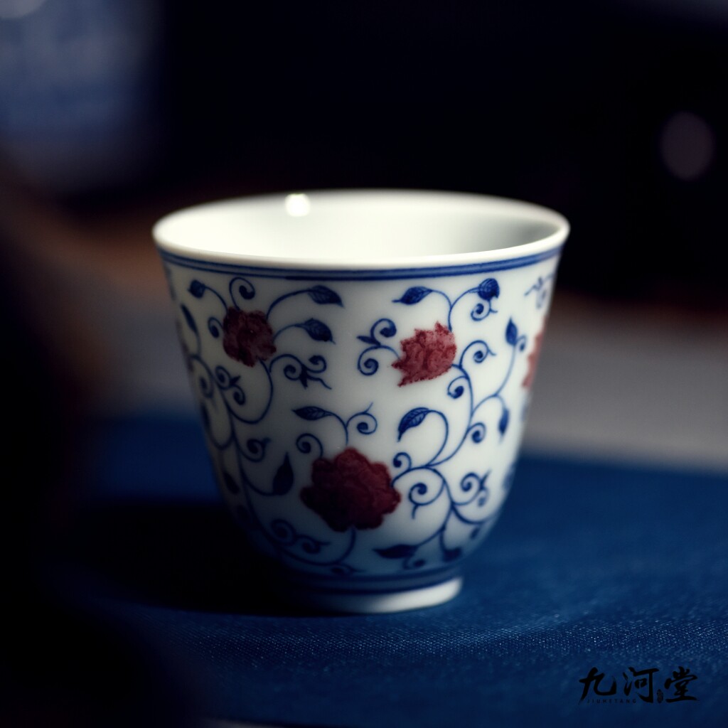 【九河堂】余寅窑 青花釉里红 缠枝莲纹铃铛杯 精品青花釉里红