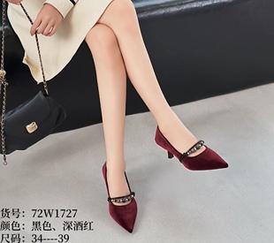 潮流细跟尖头通勤气质丝绒浅口单鞋 72w1727 时尚 25年妙兹秋季