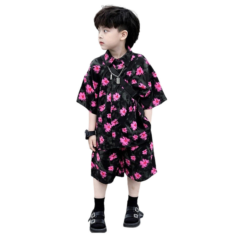 男童夏装套装短袖2026新款中大童薄款儿童夏季洋气碎花衬衫两件套
