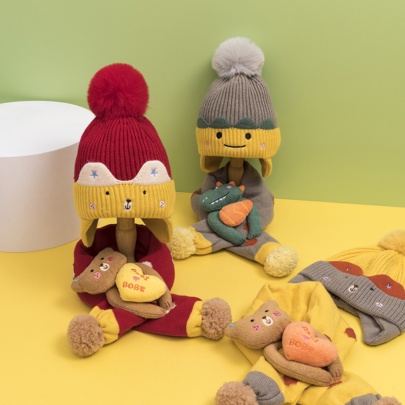 立体卡通儿童帽子围巾二件套秋冬儿童保暖毛线帽子围脖套装1-3岁