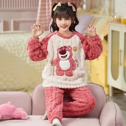 冬季儿童法兰绒睡衣加绒加厚套装女孩中大童珊瑚绒家居服