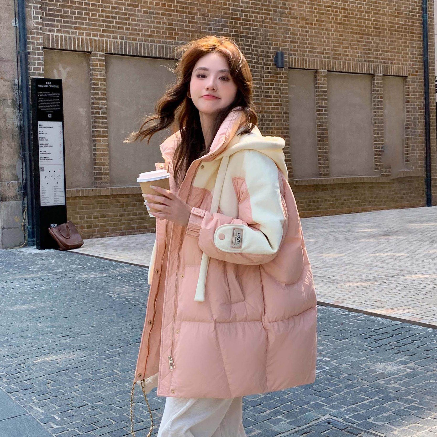 胖妹妹加肥加大大码羽绒服2024年新款韩版加厚中长款撞色外套2434