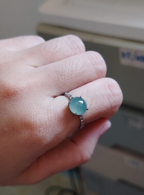 天然翡翠戒指女款冰蓝水蛋面925纯银镶嵌活口可调送女友礼物