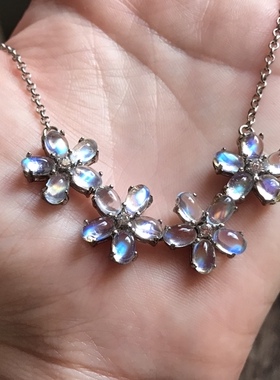 天然水晶蓝月光彩月光项链925纯银镶嵌玻璃体全彩光定制款