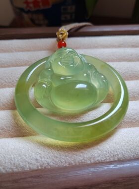 50圈口天然原色无烧无染色岫玉手镯套装吊坠挂件玉坠女款弥勒佛