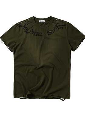 2727WORLD 法老 月光叹息做旧铆钉短袖T恤国潮美式复古街头