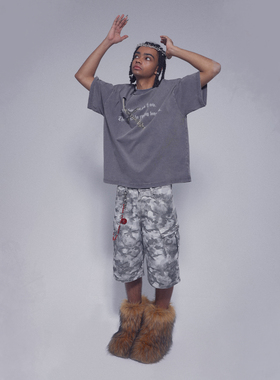 2727WORLD 法老 绝境制裁破洞印花短袖T恤 美式复古潮街头嘻哈