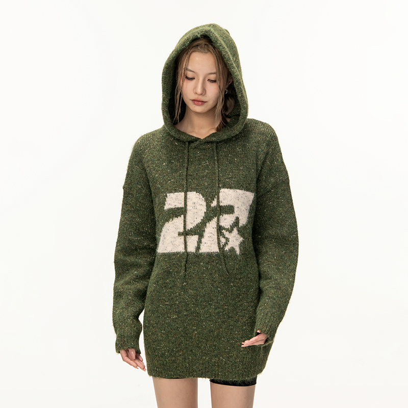 2727WORLD混彩花纱针织连帽毛衣