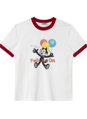 2727WORLD 法老 卡通印花撞红罗纹短袖T恤国潮美式复古街头