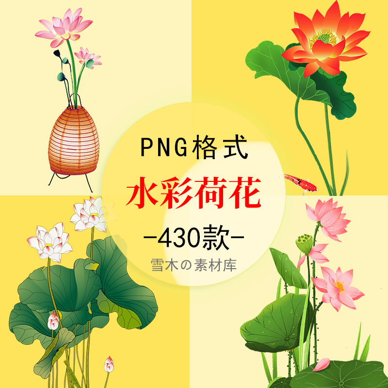 中国风手绘水彩荷花荷叶莲花莲蓬花卉睡莲工笔画png免扣设计素材