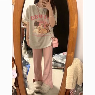 花灰色中长款 T恤女可爱猫狗春夏2025新款 ins 胖MM重磅纯棉半袖 大码