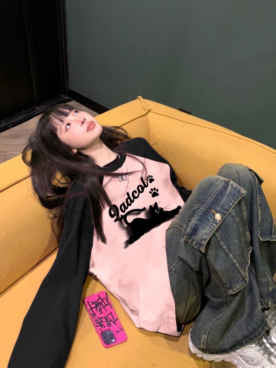 长袖复古重磅oversize纯棉女