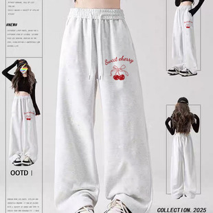 女甜美樱桃女孩休闲直筒宽松遮肉百搭 早秋季 薄款 胖MM大码 阔腿长裤