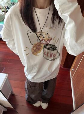 白色上衣内搭秋冬美式慵懒风宽松打底chic长袖t恤女圆领大码胖MM