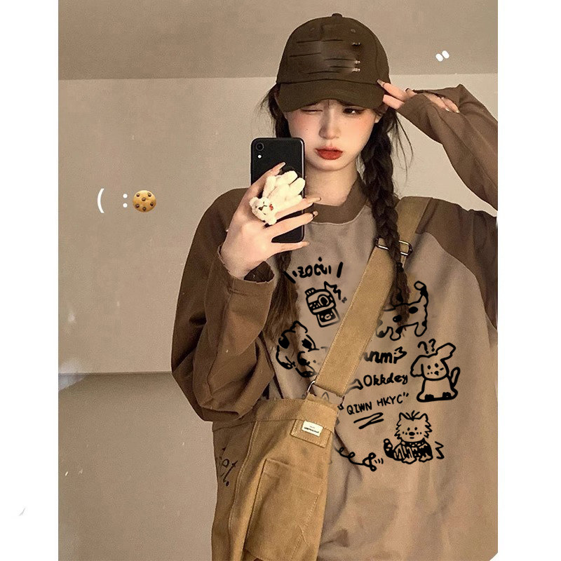 美拉德风100%纯棉长袖T恤女圆领大码200-300斤胖MM打底衫上衣秋冬