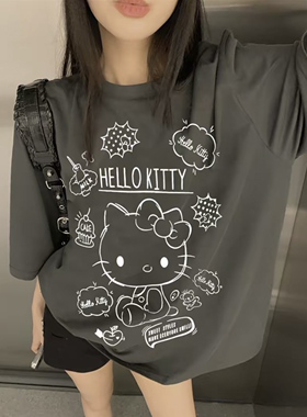 美式复古炭灰色大码短袖T恤女Kitty猫胖MM春夏2026爆款上衣遮肉潮