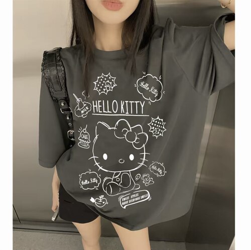 美式复古炭灰色大码短袖T恤女