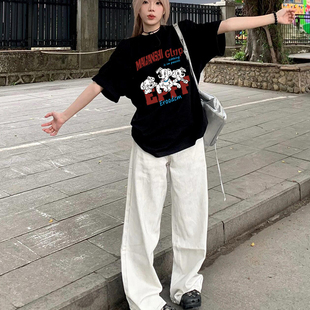 正肩oversize上衣ins甜辣 重磅T恤女胖mm半袖 特大码 卡通班点狗短袖