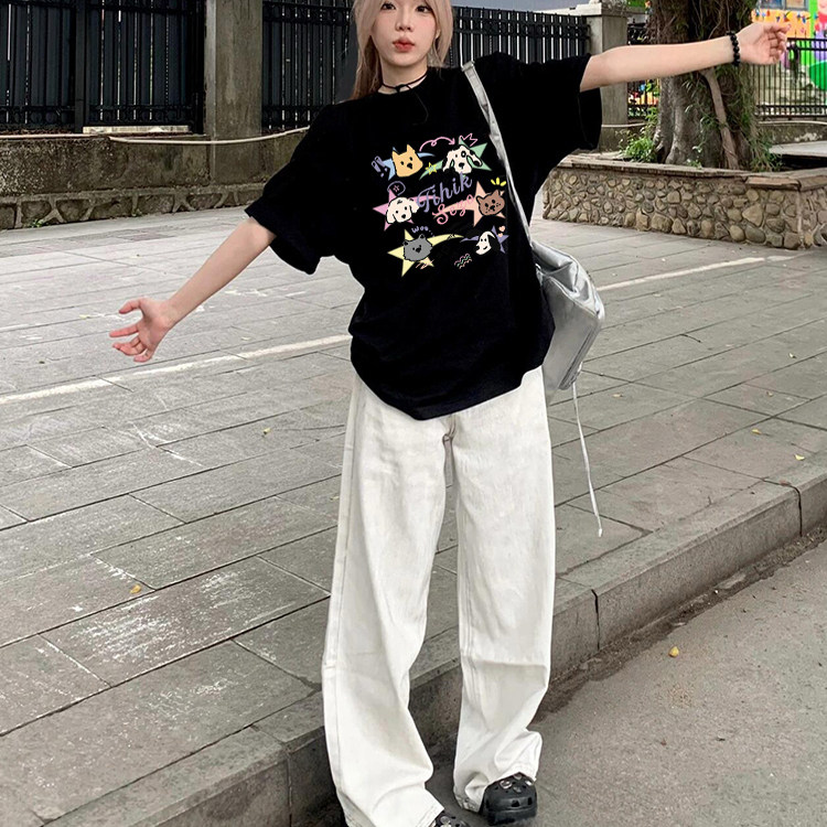 重磅纯棉夏季美式黑色短袖T恤女港味oversize半袖chic特大码上衣