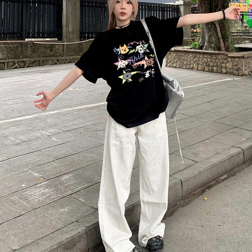 美式复古黑色短袖T恤女港味半袖