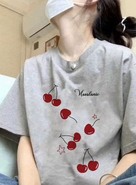 浅灰色T恤女夏季新款樱桃纯棉大码短袖胖MM百搭遮肉显瘦ins上衣潮