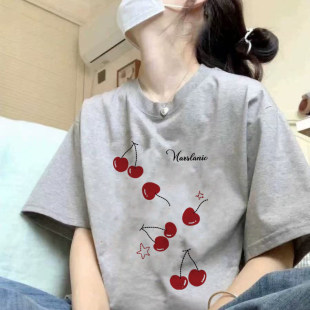胖MM百搭遮肉显瘦ins上衣潮 浅灰色T恤女夏季 新款 樱桃纯棉大码 短袖