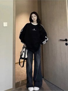 卫衣男女情侣oversize高街 加绒大码 美式 潮街复古三条杠圆领秋冬季