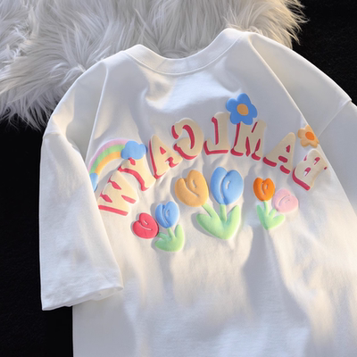 可爱彩色纯棉T恤男女夏季