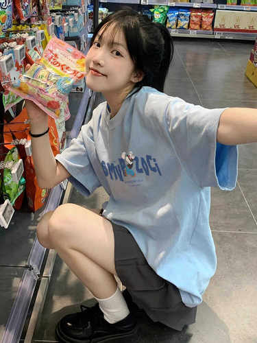 半袖复古浅蓝色oversize纯棉女
