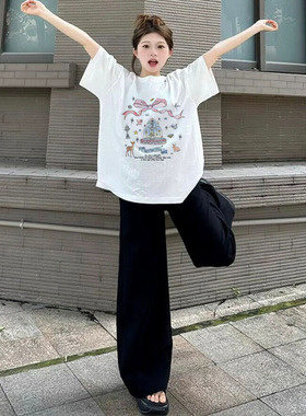 重磅纯棉正肩T恤女白色甜美风bf辣妹oversize大码胖MM半袖cec上衣