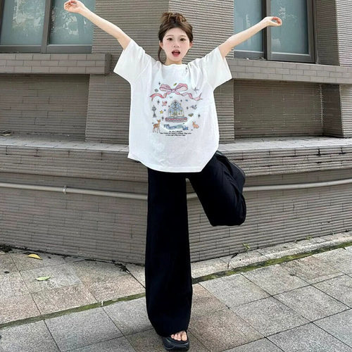 重磅纯棉正肩T恤女白色甜美辣妹