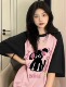 复古小狗潮牌插肩袖 2024新款 T恤女大码 夏季 胖MM撞色短袖 拼色美式