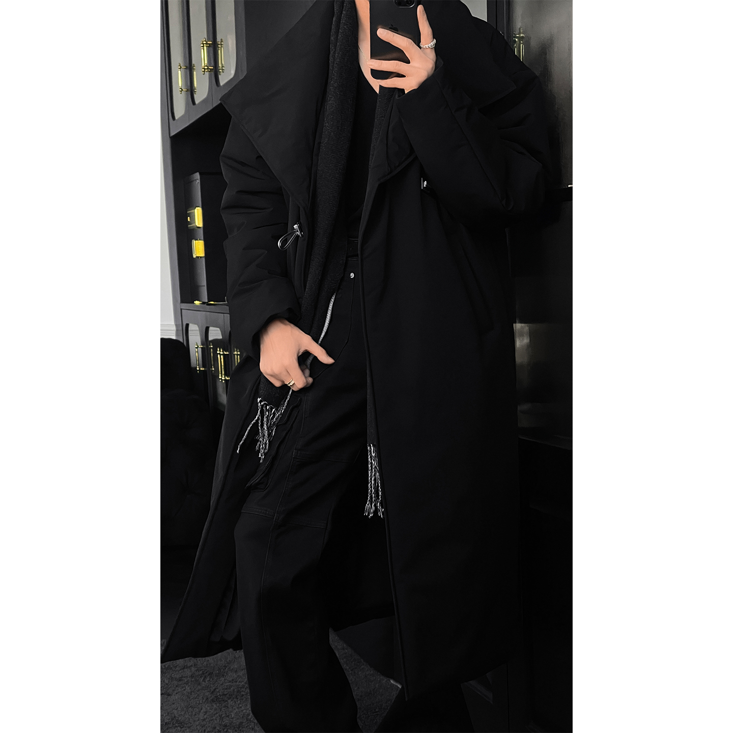 龙叨叨冬季新品简约高级感黑色廓形中长款棉服男宽松保暖过膝外套