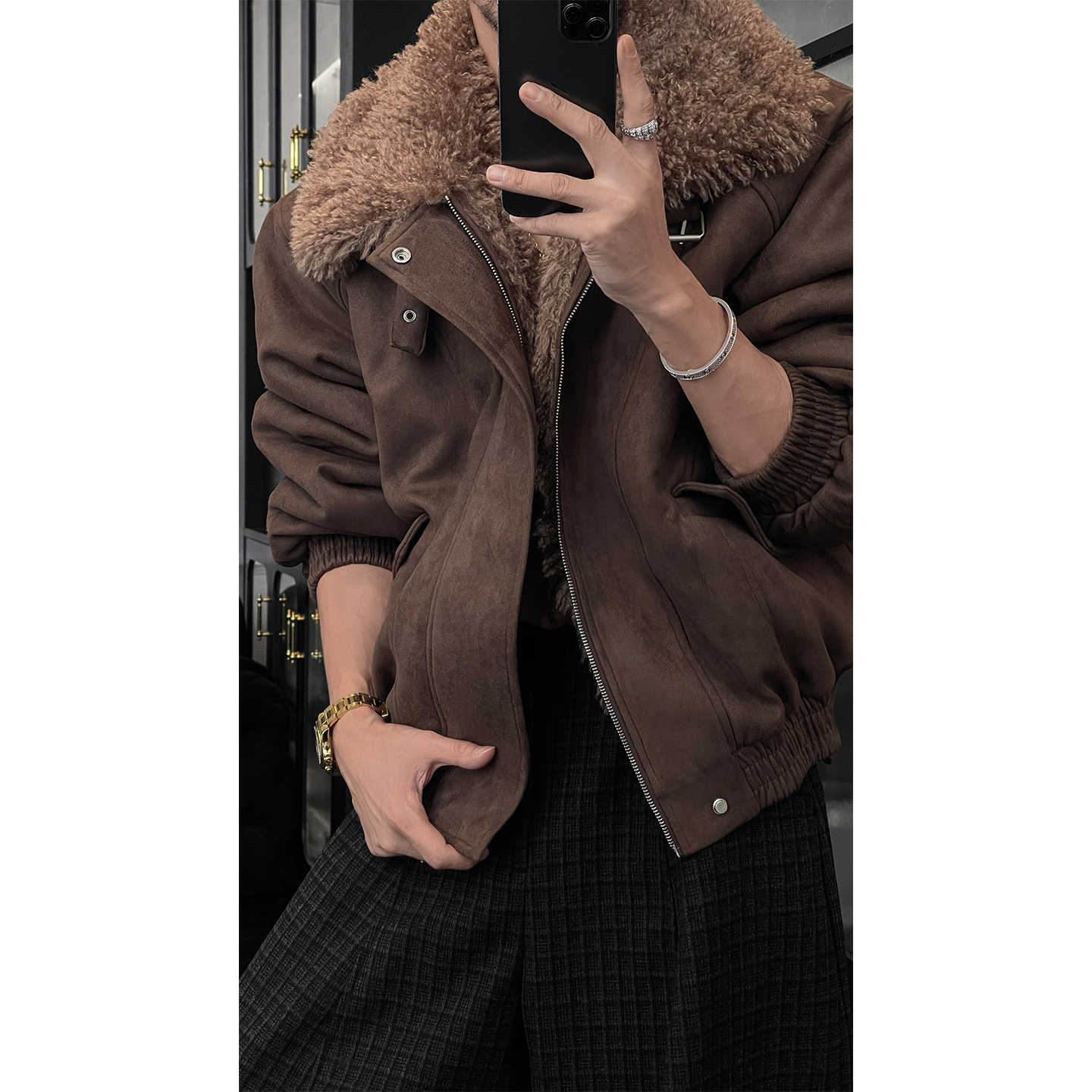 龙叨叨秋冬新品小众设计高级感复古美式毛领拉链夹克宽松休闲外套