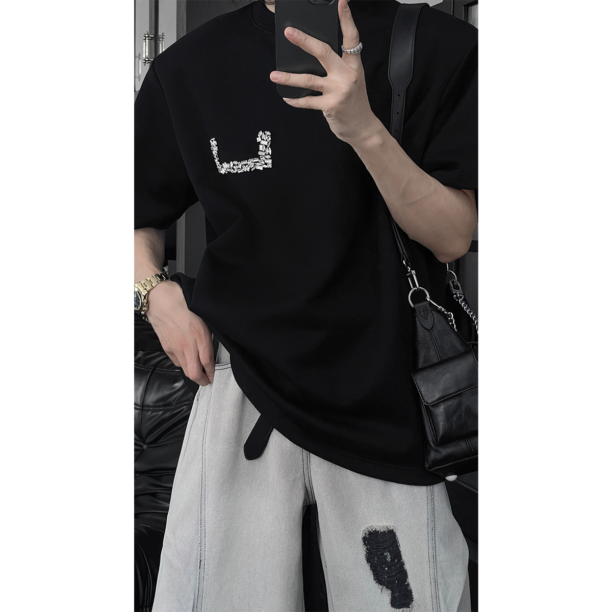 龙叨叨夏季新款重磅手工络花钻饰设计款圆领短袖T恤简约百搭上衣