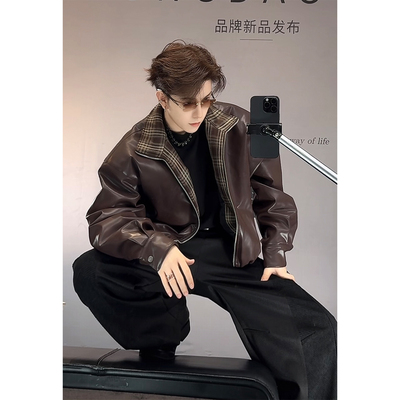 龙叨叨秋季新款潮流美式复古格子痞帅百搭立领机车夹克皮衣外套