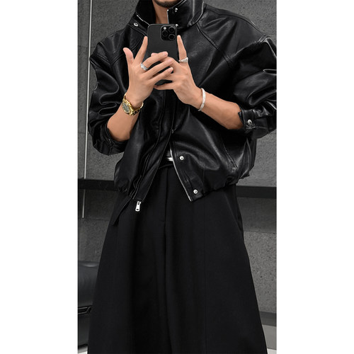 龙叨叨秋季新品美式复古设计感机车夹克皮衣潮流痞帅宽松休闲外套