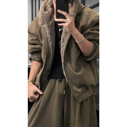 龙叨叨秋冬新品时尚高级感美式复古保暖毛领夹克宽松垂感长裤套装