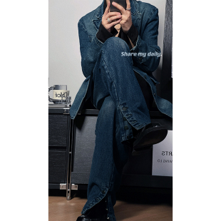 新款 套装 原创设计牛仔西装 长裤 外套脚口纽扣开叉牛仔裤 2023年春季