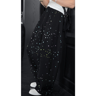 龙叨叨夏季新款重工彩色星星烫钻设计感星空百搭宽松弯刀休闲长裤