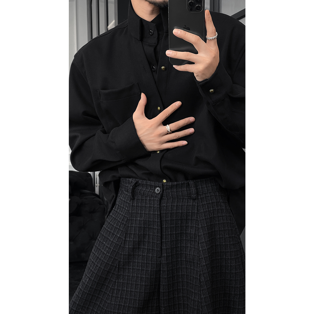 龙叨叨秋冬新品复古高级感双领假两件设计百搭衬衣宽松长袖衬衫