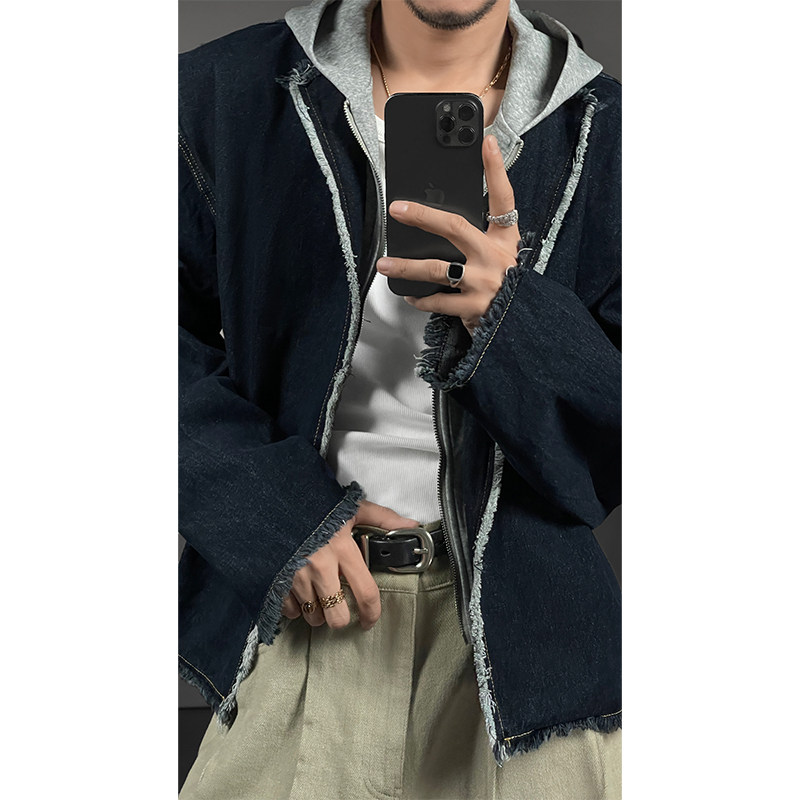 原创复古连帽假两件牛仔外套夹克