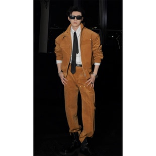 龙叨叨2024秋季新款潮流小众设计师款痞帅细条纹薄灯芯绒夹克套装