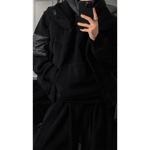 龙叨叨冬季新品美式休闲设计感三件套男连帽卫衣保暖马甲休闲长裤