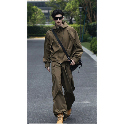 龙叨叨秋季新款潮流美式休闲户外工装连帽夹克宽松百搭长裤套装