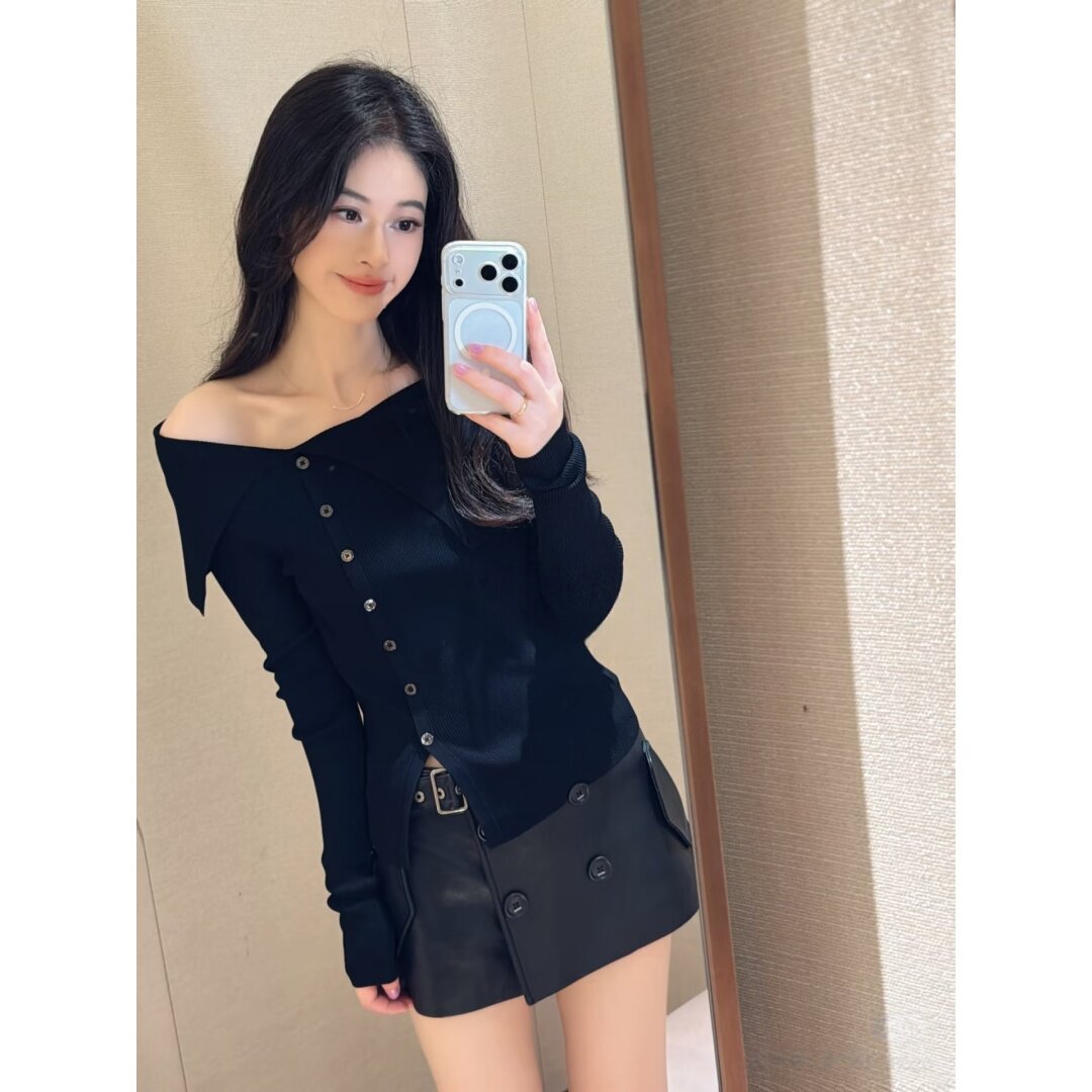 JR专柜正品 2026秋季新款 修身显瘦一字肩针织开衫女上衣XSJ4M04E