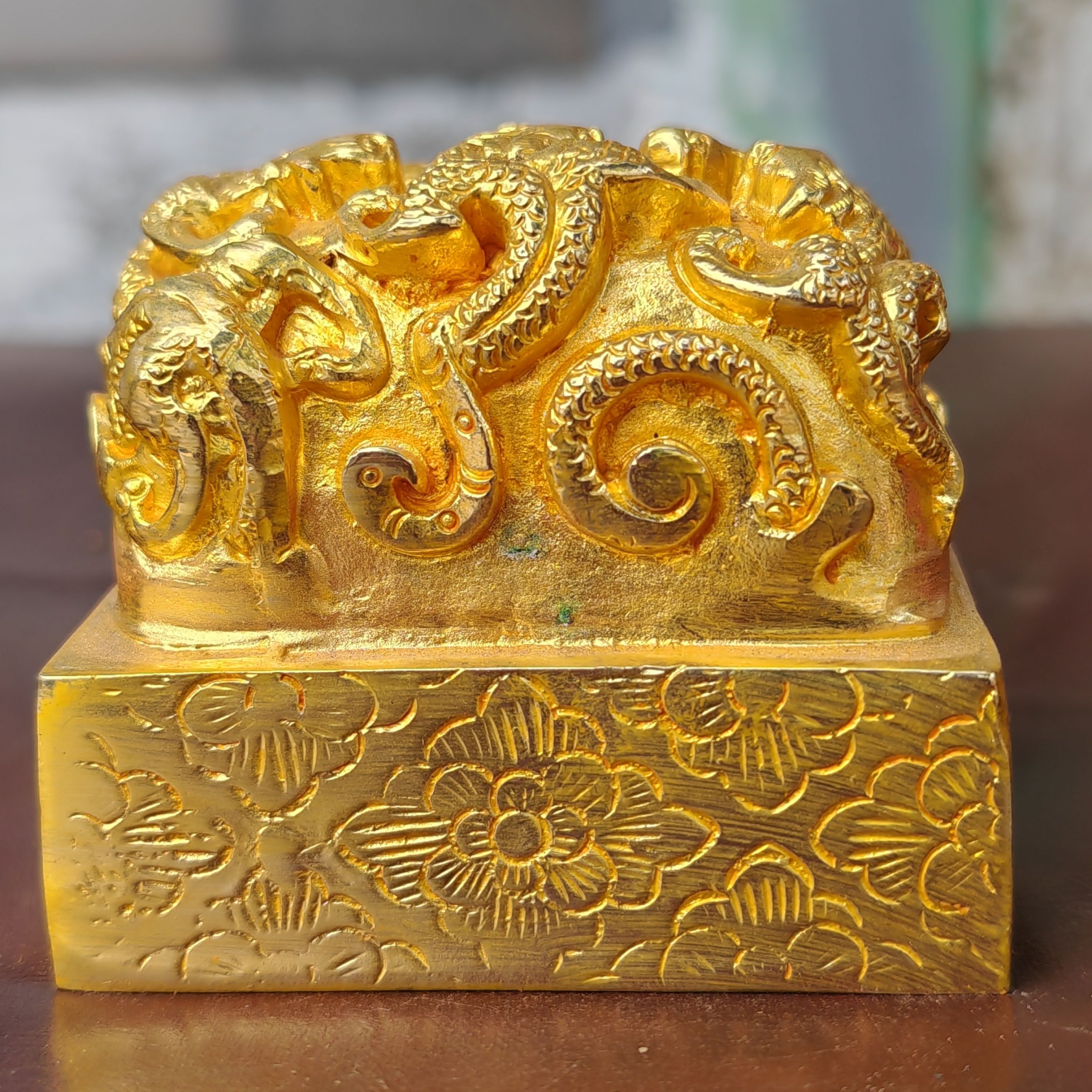 古玩收藏纯铜鎏金手工簪刻盘龙印章一对家居办公室装饰礼品摆件