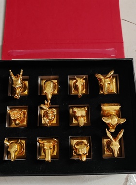 十二生肖兽印古玩杂项生肖文玩纯铜镀金十二生肖印章套盒摆件家居